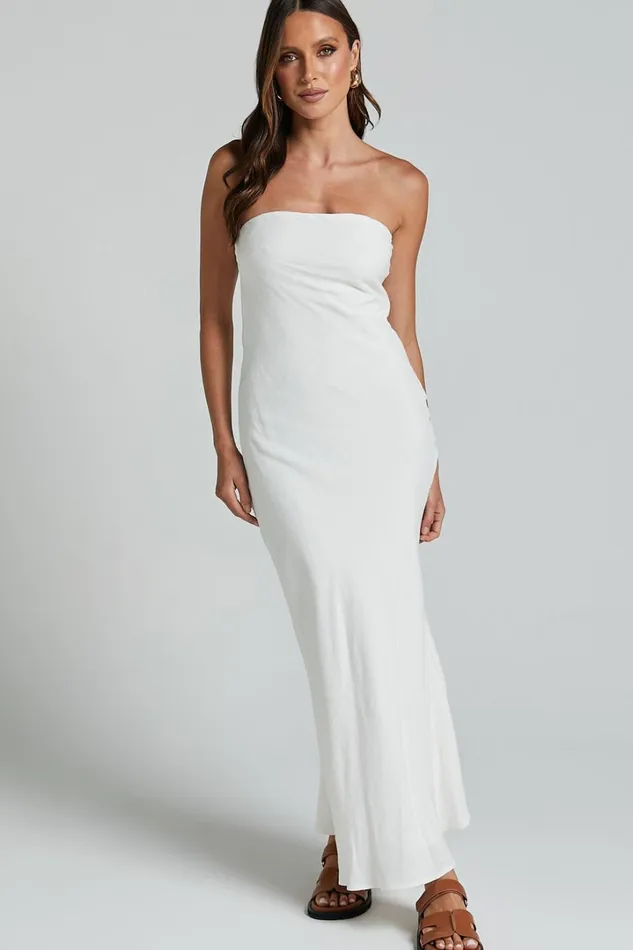 Aaliya Midi Dress 8211 Linen Look Strapless Slip Dress In Off White Women Showpo Dresses