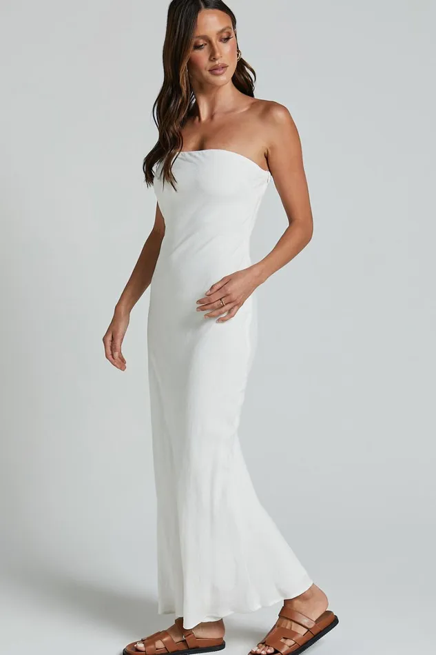 Aaliya Midi Dress 8211 Linen Look Strapless Slip Dress In Off White Women Showpo Dresses