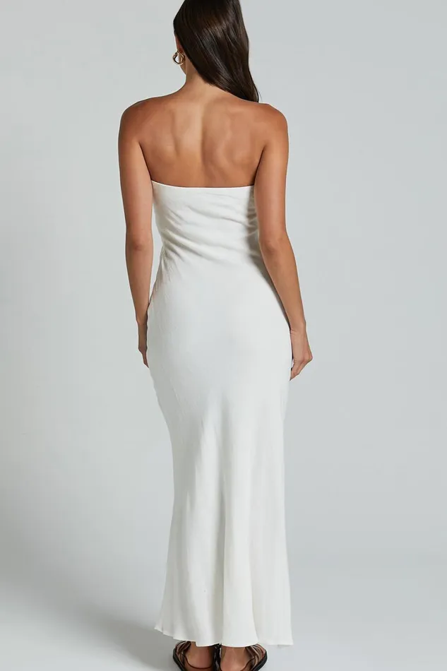 Aaliya Midi Dress 8211 Linen Look Strapless Slip Dress In Off White Women Showpo Dresses