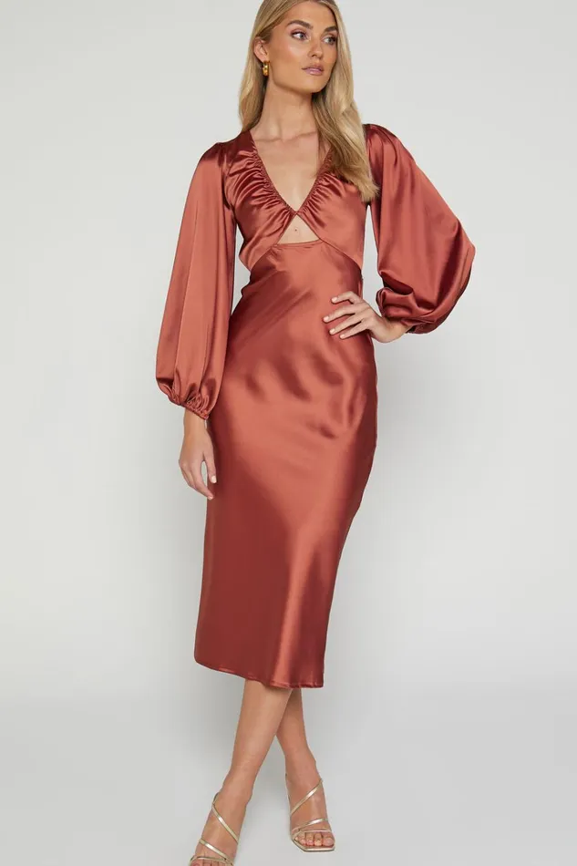 Adaleine Midi Dress 8211 Plunge Neck Puff Sleeve Dress In Copper Women Showpo Dresses