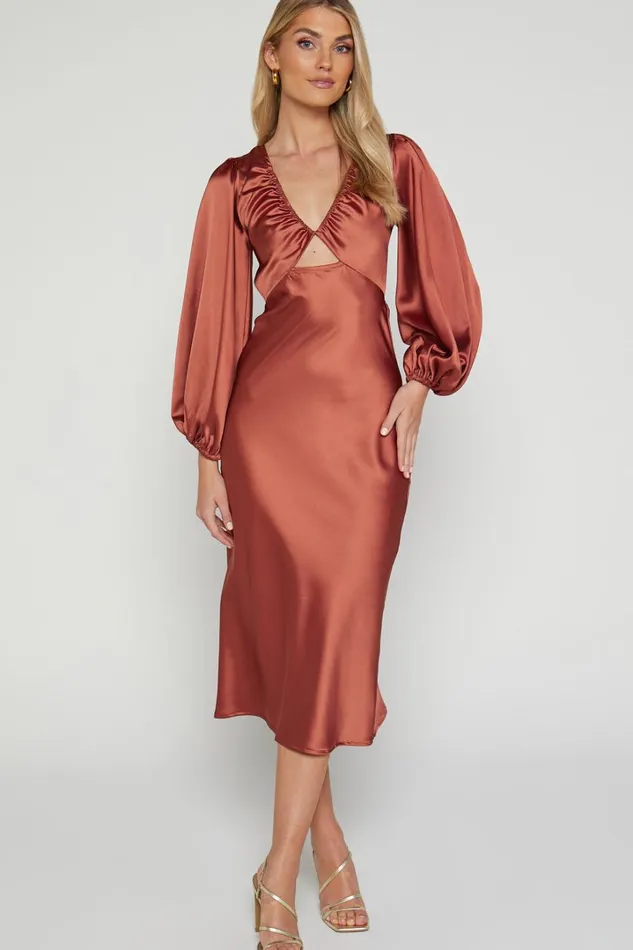 Adaleine Midi Dress 8211 Plunge Neck Puff Sleeve Dress In Copper Women Showpo Dresses