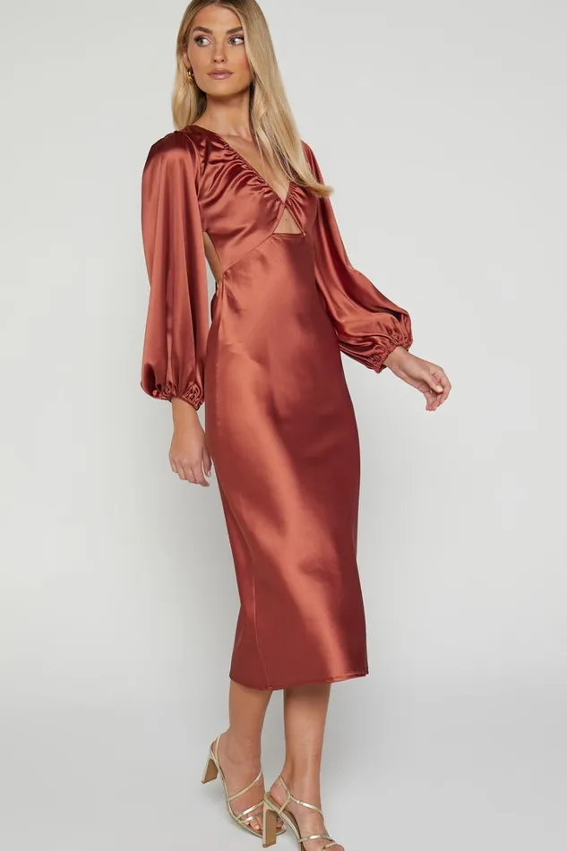 Adaleine Midi Dress 8211 Plunge Neck Puff Sleeve Dress In Copper Women Showpo Dresses