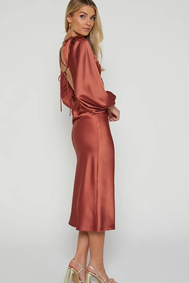 Adaleine Midi Dress 8211 Plunge Neck Puff Sleeve Dress In Copper Women Showpo Dresses