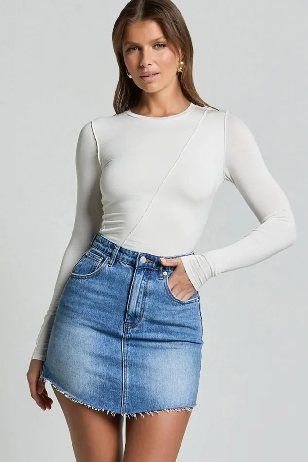 Adan Mini Skirt 8211 Recycled Cotton Frayed Hem Denim Skirt In Mid Blue Wash Women Showpo Conscious