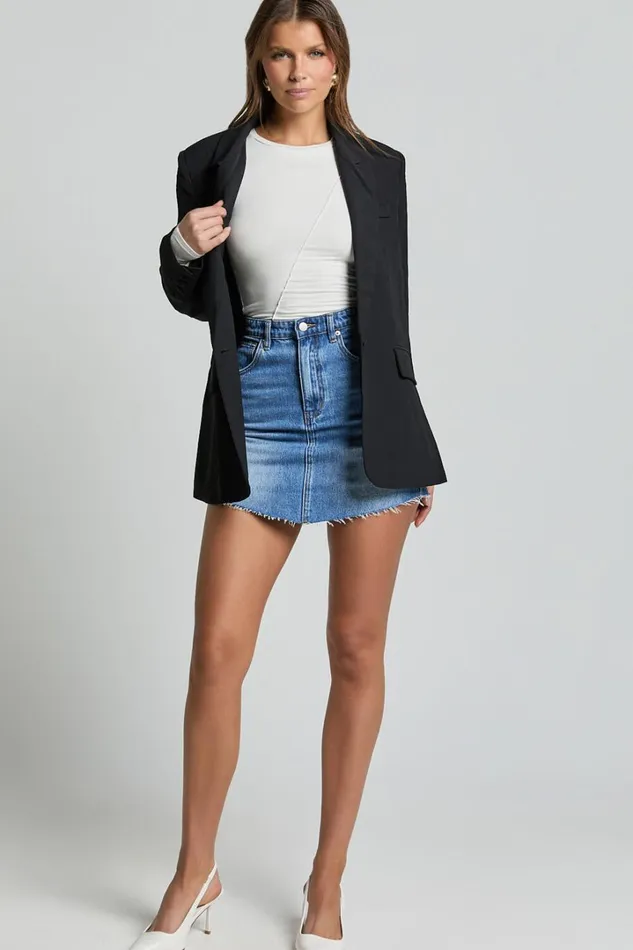 Adan Mini Skirt 8211 Recycled Cotton Frayed Hem Denim Skirt In Mid Blue Wash Women Showpo Conscious