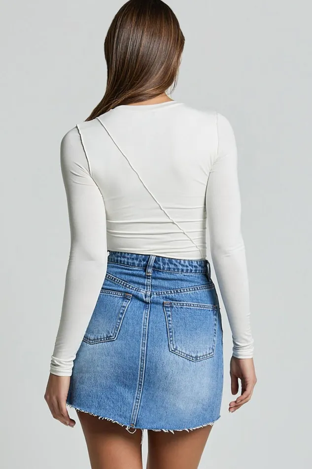 Adan Mini Skirt 8211 Recycled Cotton Frayed Hem Denim Skirt In Mid Blue Wash Women Showpo Conscious