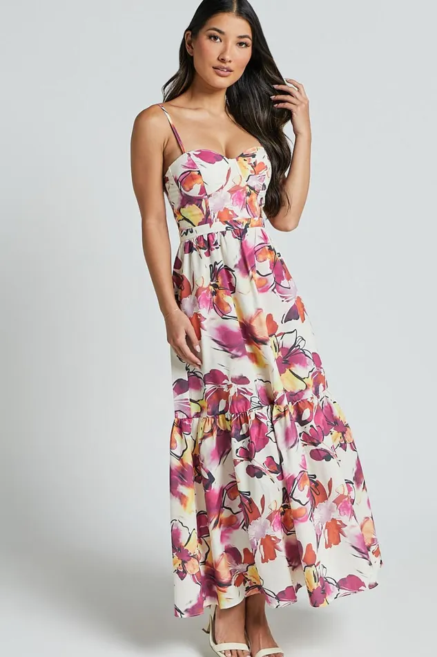 Adara Midi Dress 8211 Strappy Bustier Dress In Dahlia Dusk Floral Women Showpo Dresses