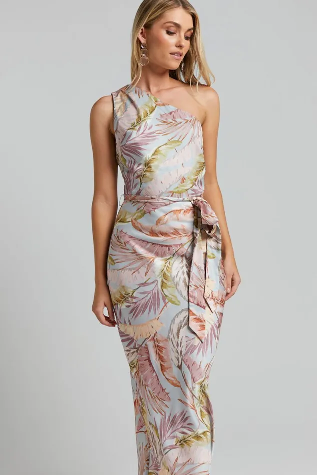 Adea Midi Dress 8211 Asymmetric One Shoulder Slip Dress In Blue Lagoon Leaf Print Women Showpo Curve Clothes