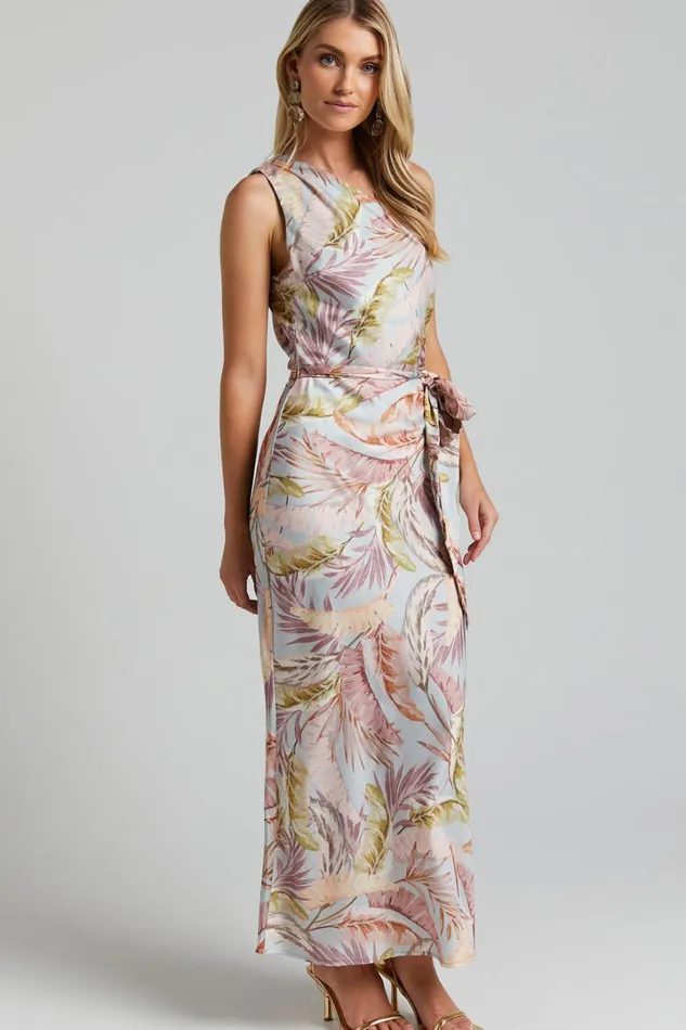 Adea Midi Dress 8211 Asymmetric One Shoulder Slip Dress In Blue Lagoon Leaf Print Women Showpo Curve Clothes