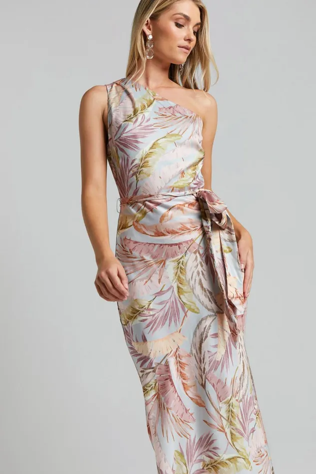 Adea Midi Dress 8211 Asymmetric One Shoulder Slip Dress In Blue Lagoon Leaf Print Women Showpo Curve Clothes