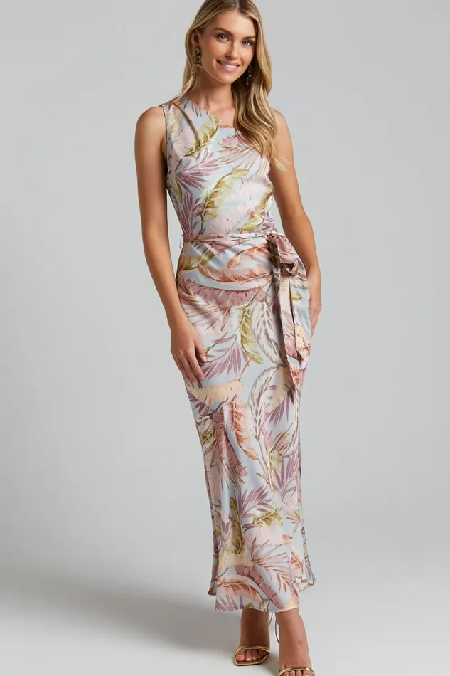 Adea Midi Dress 8211 Asymmetric One Shoulder Slip Dress In Blue Lagoon Leaf Print Women Showpo Curve Clothes