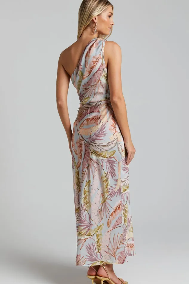 Adea Midi Dress 8211 Asymmetric One Shoulder Slip Dress In Blue Lagoon Leaf Print Women Showpo Curve Clothes