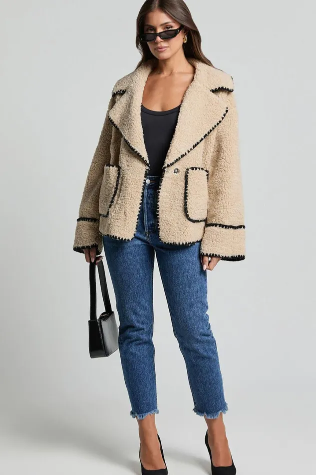 Adeline Jacket 8211 Oversized Blanket Stitched Shearling Jacket In Caramel Women Showpo Jackets and Coats