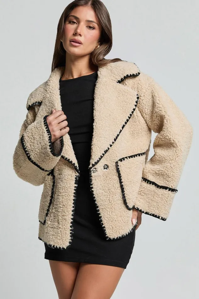 Adeline Jacket 8211 Oversized Blanket Stitched Shearling Jacket In Caramel Women Showpo Jackets and Coats