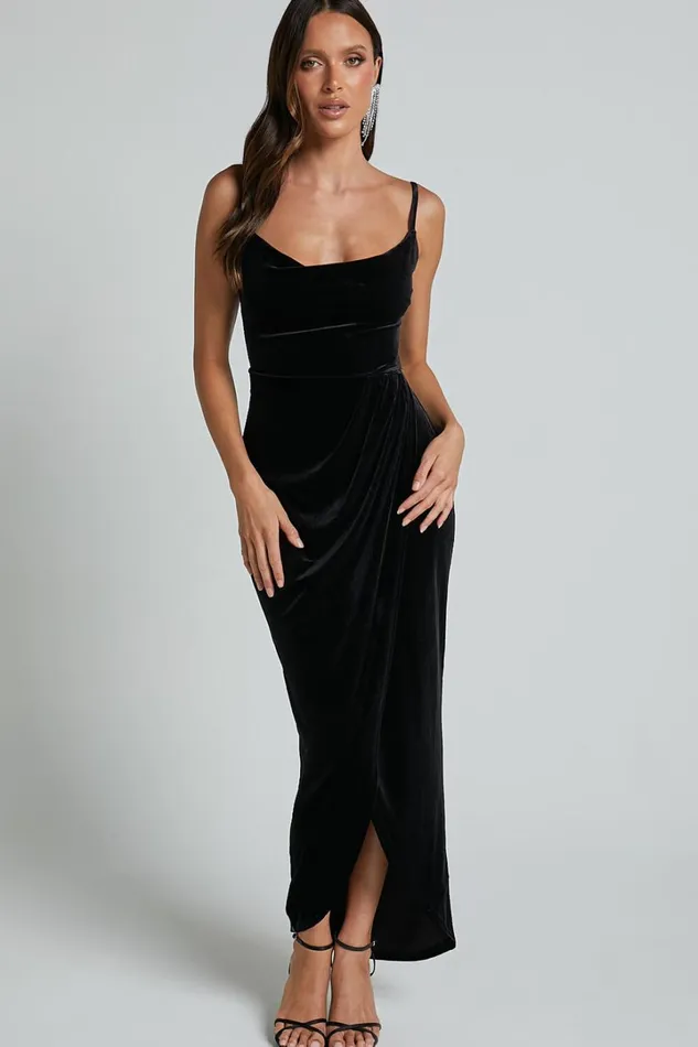 Adeline Midi Dress 8211 Velvet Cowl Neck Drape Dress In Black Women Showpo Dresses