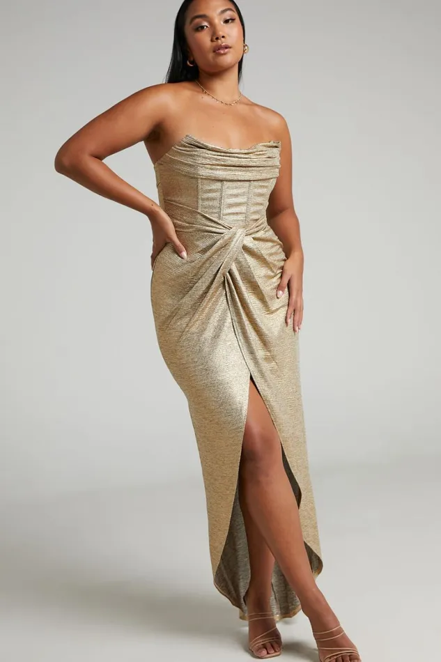 Adrie Midi Dress 8211 Strapless Corset Bodice Dress In Gold Women Showpo Curve Clothes