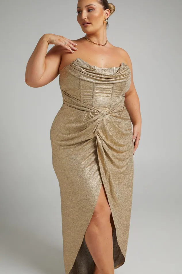 Adrie Midi Dress 8211 Strapless Corset Bodice Dress In Gold Women Showpo Curve Clothes
