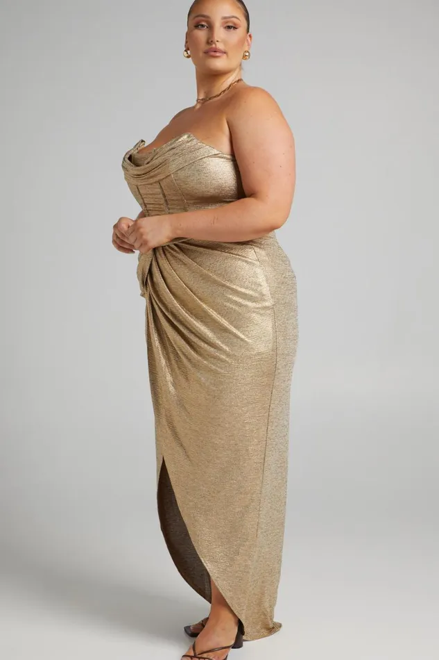 Adrie Midi Dress 8211 Strapless Corset Bodice Dress In Gold Women Showpo Curve Clothes