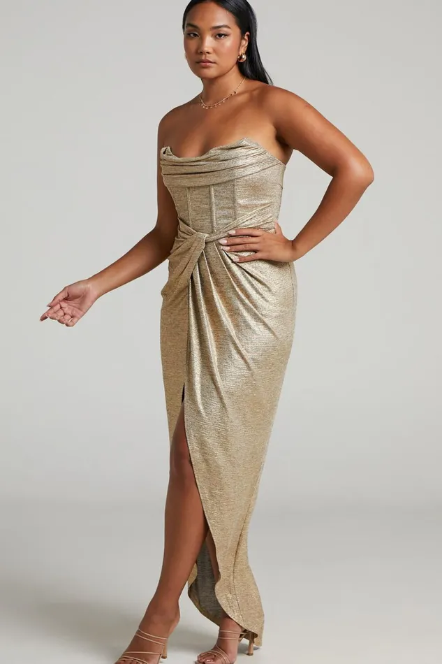 Adrie Midi Dress 8211 Strapless Corset Bodice Dress In Gold Women Showpo Curve Clothes