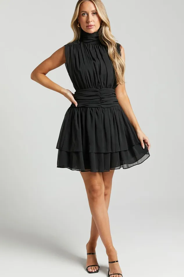 Adriel Mini Dress 8211 High Neck Ruched Waist Sleeveless In Black Women Showpo Dresses