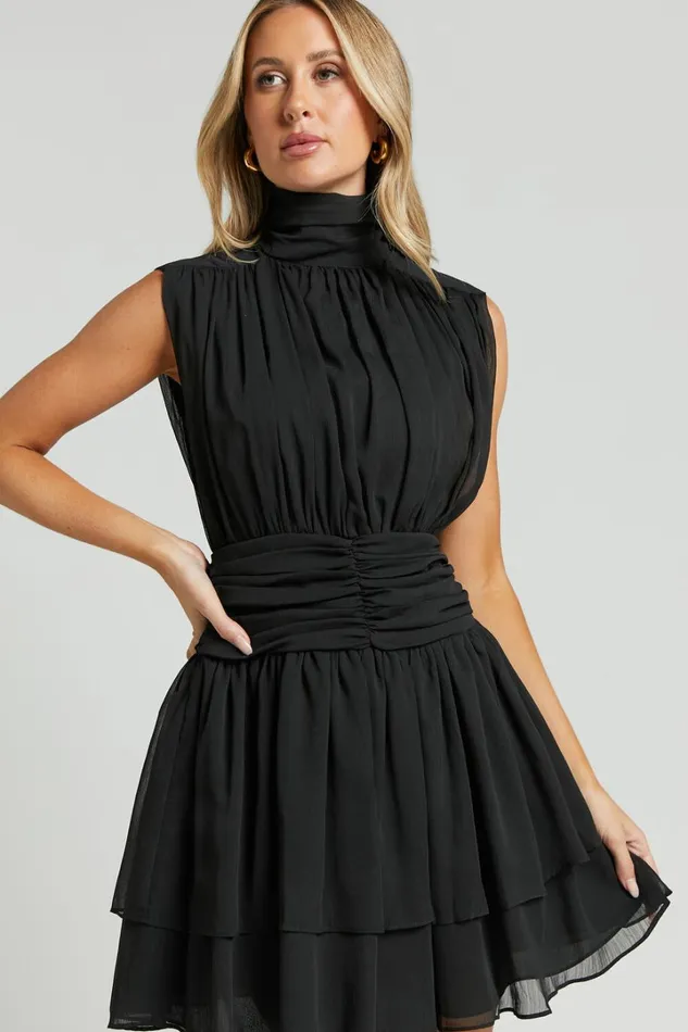 Adriel Mini Dress 8211 High Neck Ruched Waist Sleeveless In Black Women Showpo Dresses