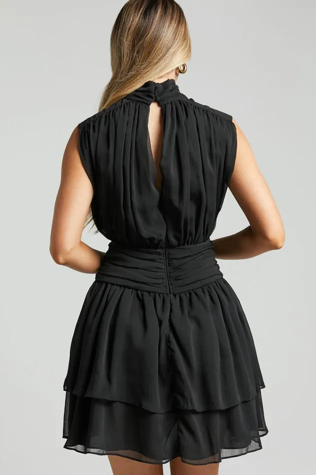 Adriel Mini Dress 8211 High Neck Ruched Waist Sleeveless In Black Women Showpo Dresses