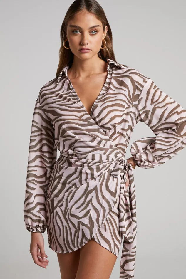 Aegir Mini Dress 8211 Collared Long Sleeve Wrap Dress In Wild Zebra Women Showpo Dresses