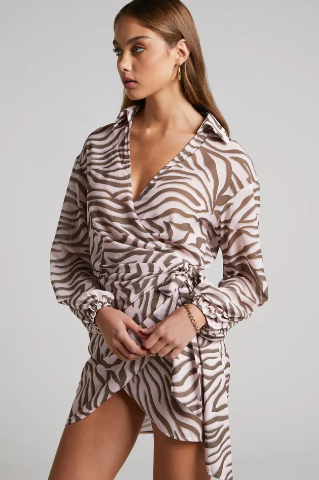 Aegir Mini Dress 8211 Collared Long Sleeve Wrap Dress In Wild Zebra Women Showpo Dresses