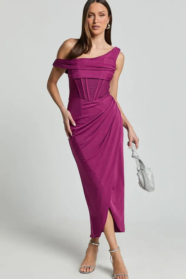 Aidia Midi Dress 8211 One Shoulder Draped Corset Dress In Plum Women Showpo Dresses