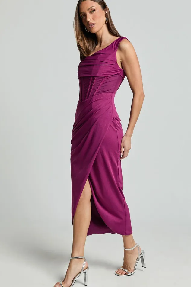 Aidia Midi Dress 8211 One Shoulder Draped Corset Dress In Plum Women Showpo Dresses