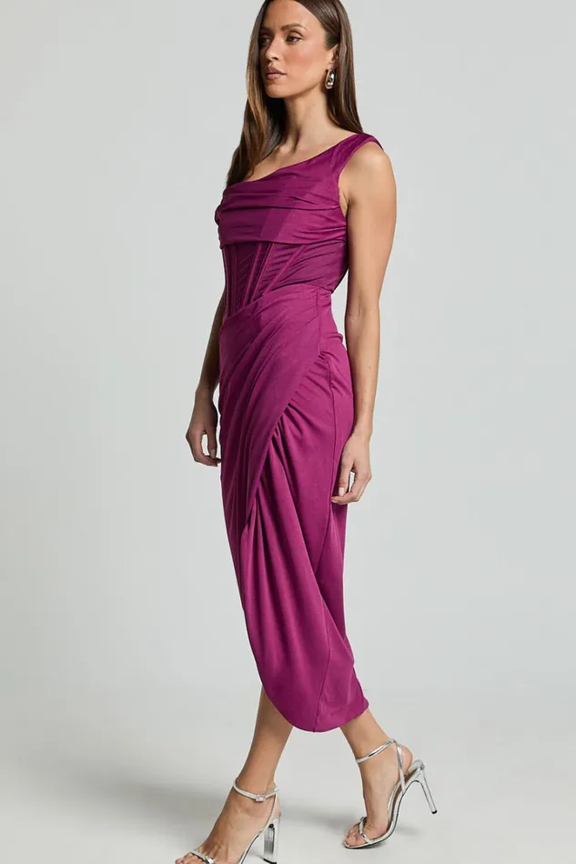 Aidia Midi Dress 8211 One Shoulder Draped Corset Dress In Plum Women Showpo Dresses