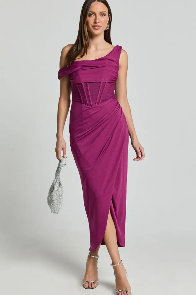 Aidia Midi Dress 8211 One Shoulder Draped Corset Dress In Plum Women Showpo Dresses