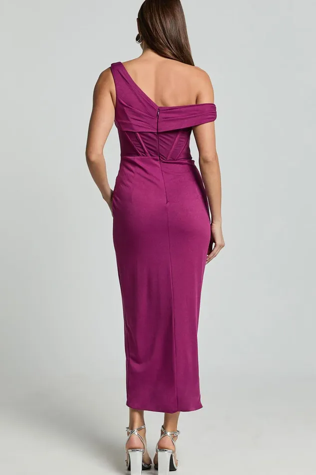 Aidia Midi Dress 8211 One Shoulder Draped Corset Dress In Plum Women Showpo Dresses