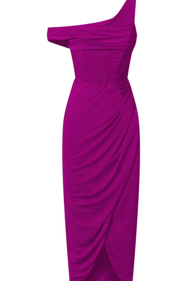 Aidia Midi Dress 8211 One Shoulder Draped Corset Dress In Plum Women Showpo Dresses