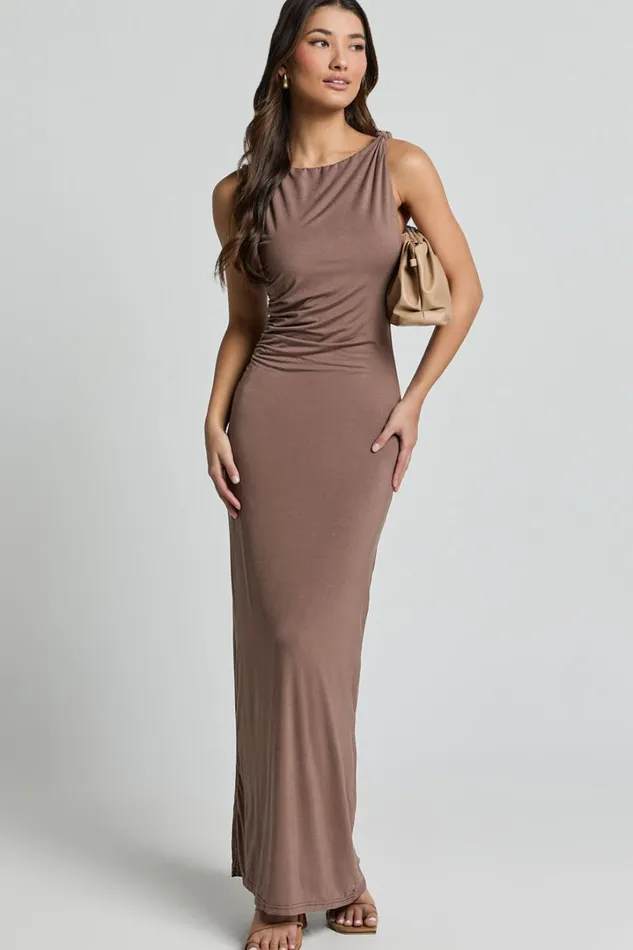 Aisha Midi Dress 8211 Sleeveless Twist Strap Bodycon Dress In Chocolate Women Showpo Basics