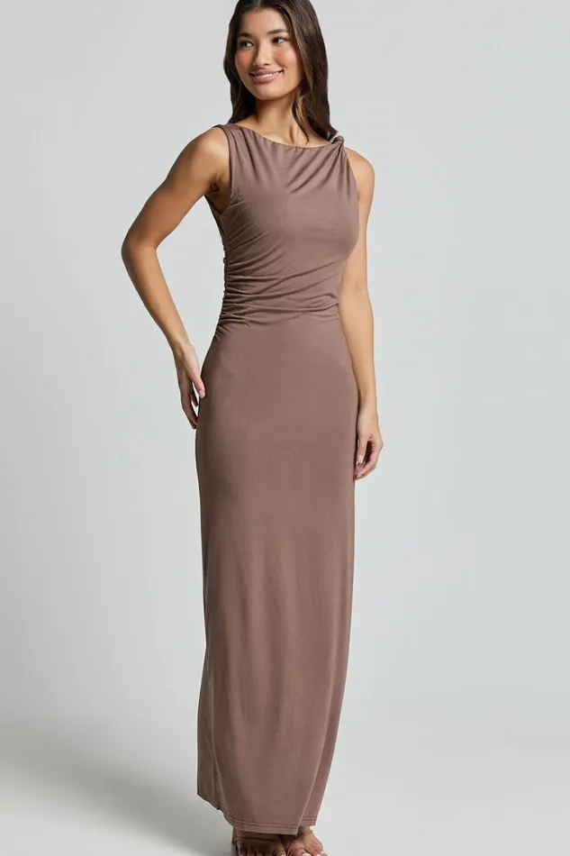 Aisha Midi Dress 8211 Sleeveless Twist Strap Bodycon Dress In Chocolate Women Showpo Basics