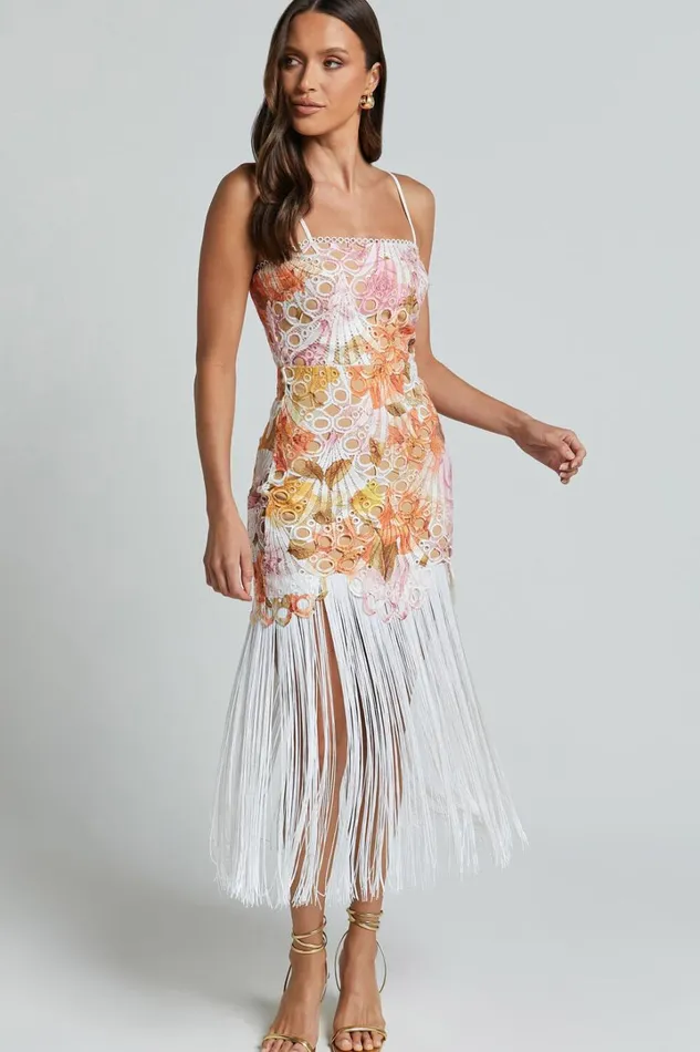 Alana Midi Dress 8211 Embroidered Lace Dress With Fringing Detail In Pink Women Showpo Dresses
