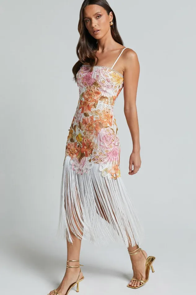 Alana Midi Dress 8211 Embroidered Lace Dress With Fringing Detail In Pink Women Showpo Dresses
