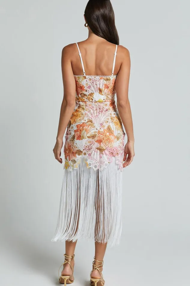 Alana Midi Dress 8211 Embroidered Lace Dress With Fringing Detail In Pink Women Showpo Dresses