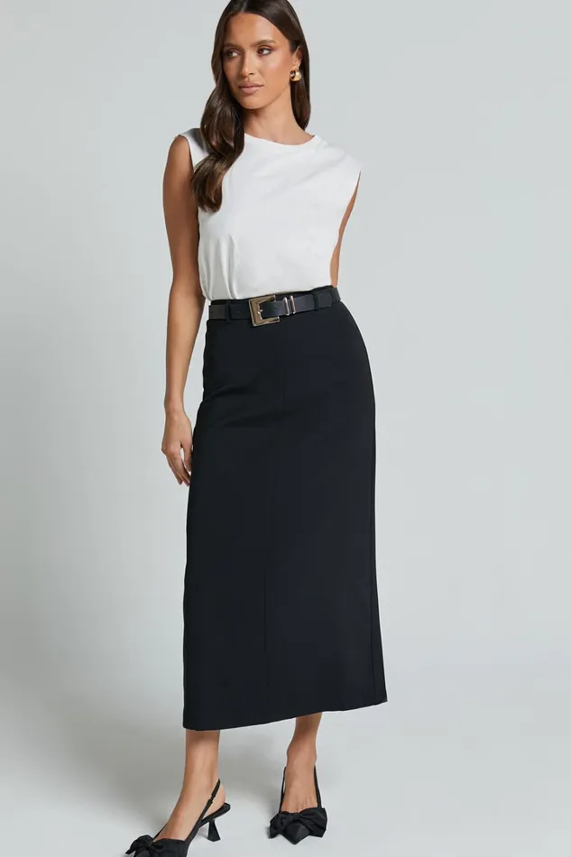 Alanna Midi Skirt 8211 High Waisted Back Split Pencil Skirt In Black Women Showpo Suits and Tailoring