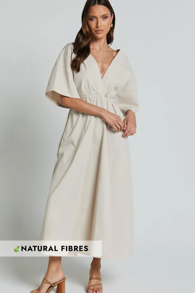 Alectra Midi Dress 8211 Plunge Neck 34 Sleeve Cross Back A Line Dress In Stone Women Showpo Dresses Alectra Midi Dress 8211 Plunge Neck 34 Sleeve Cross Back A Line Dress In Stone Women Showpo Dresses
