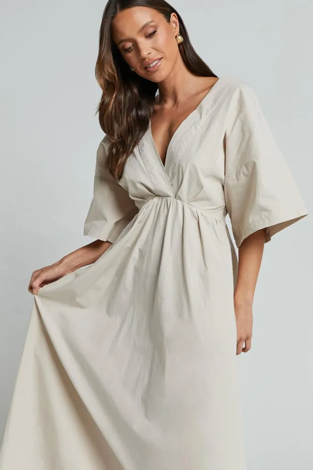 Alectra Midi Dress 8211 Plunge Neck 34 Sleeve Cross Back A Line Dress In Stone Women Showpo Dresses