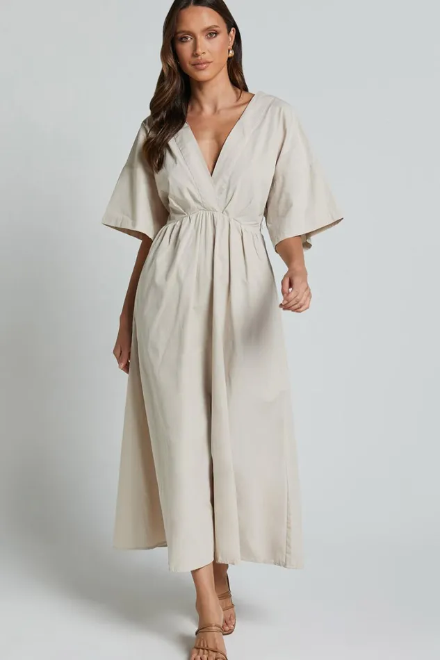 Alectra Midi Dress 8211 Plunge Neck 34 Sleeve Cross Back A Line Dress In Stone Women Showpo Dresses