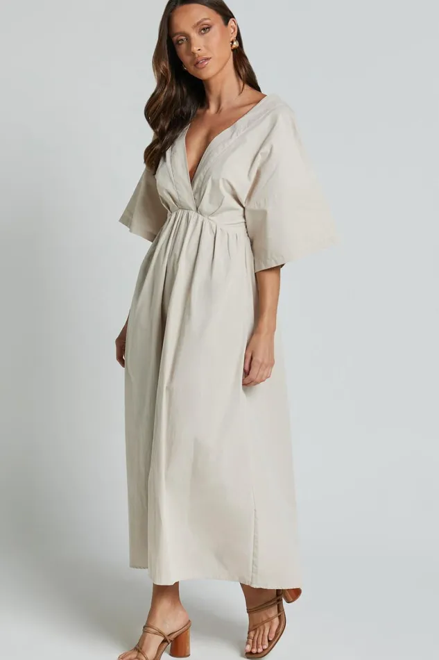 Alectra Midi Dress 8211 Plunge Neck 34 Sleeve Cross Back A Line Dress In Stone Women Showpo Dresses