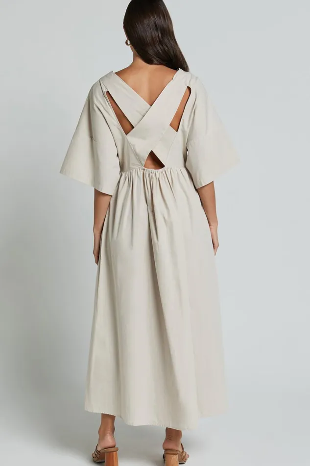 Alectra Midi Dress 8211 Plunge Neck 34 Sleeve Cross Back A Line Dress In Stone Women Showpo Dresses
