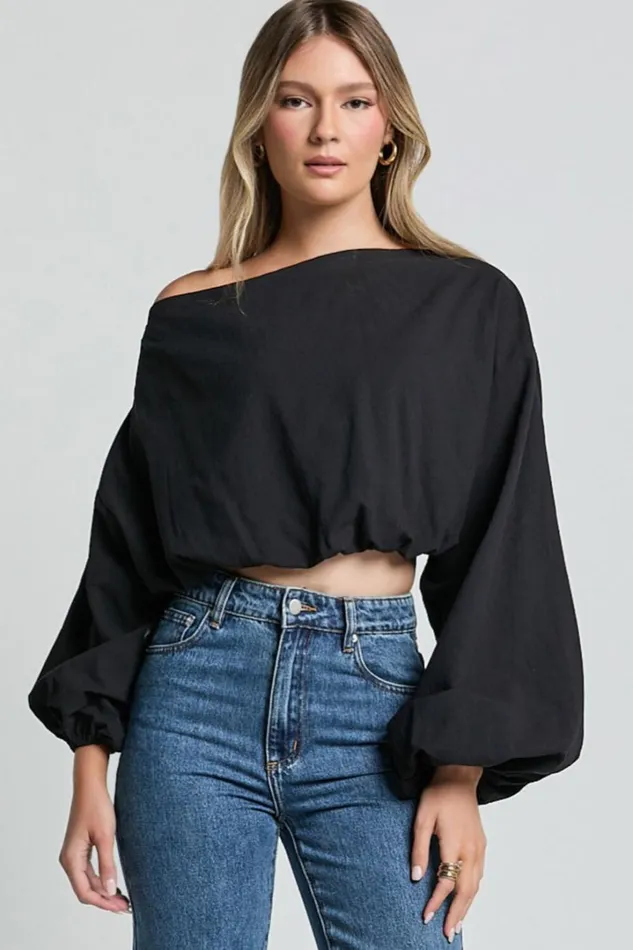 Alesia Top 8211 Asymmetrical Boat Neck Elastic Hem Crop Top In Black Women Showpo Tops