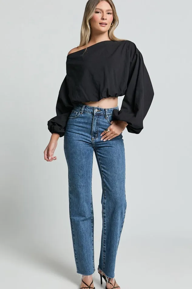 Alesia Top 8211 Asymmetrical Boat Neck Elastic Hem Crop Top In Black Women Showpo Tops