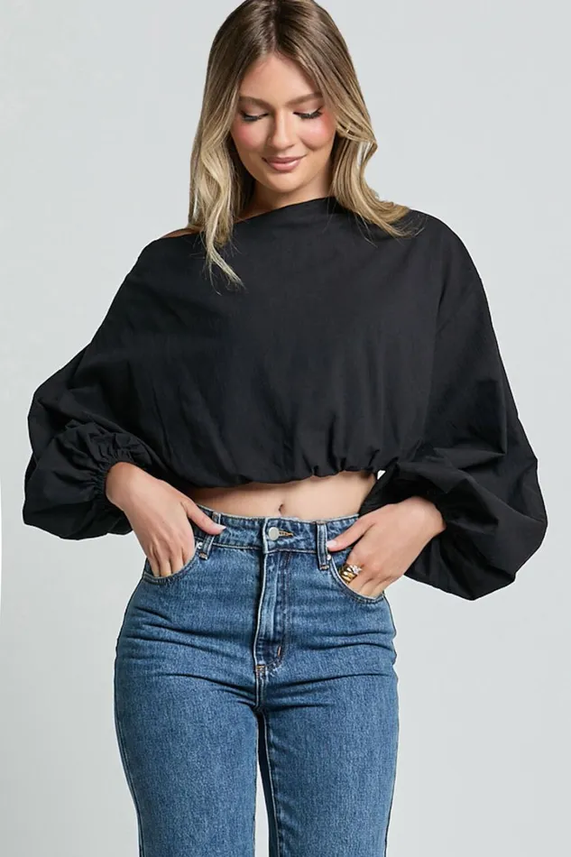 Alesia Top 8211 Asymmetrical Boat Neck Elastic Hem Crop Top In Black Women Showpo Tops