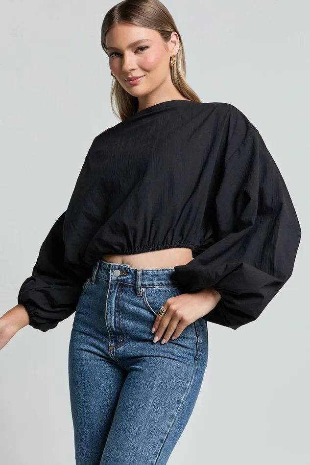 Alesia Top 8211 Asymmetrical Boat Neck Elastic Hem Crop Top In Black Women Showpo Tops