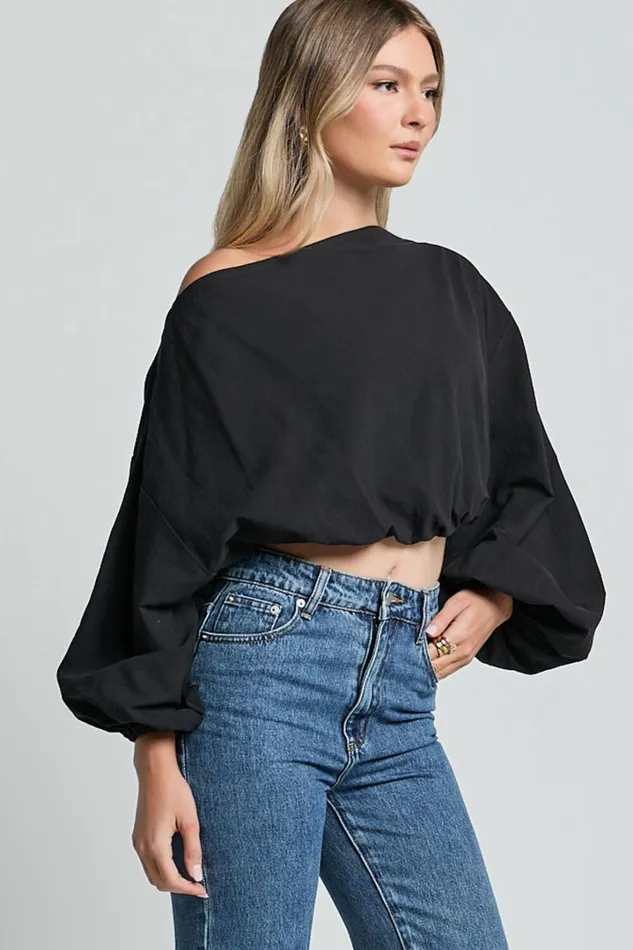 Alesia Top 8211 Asymmetrical Boat Neck Elastic Hem Crop Top In Black Women Showpo Tops